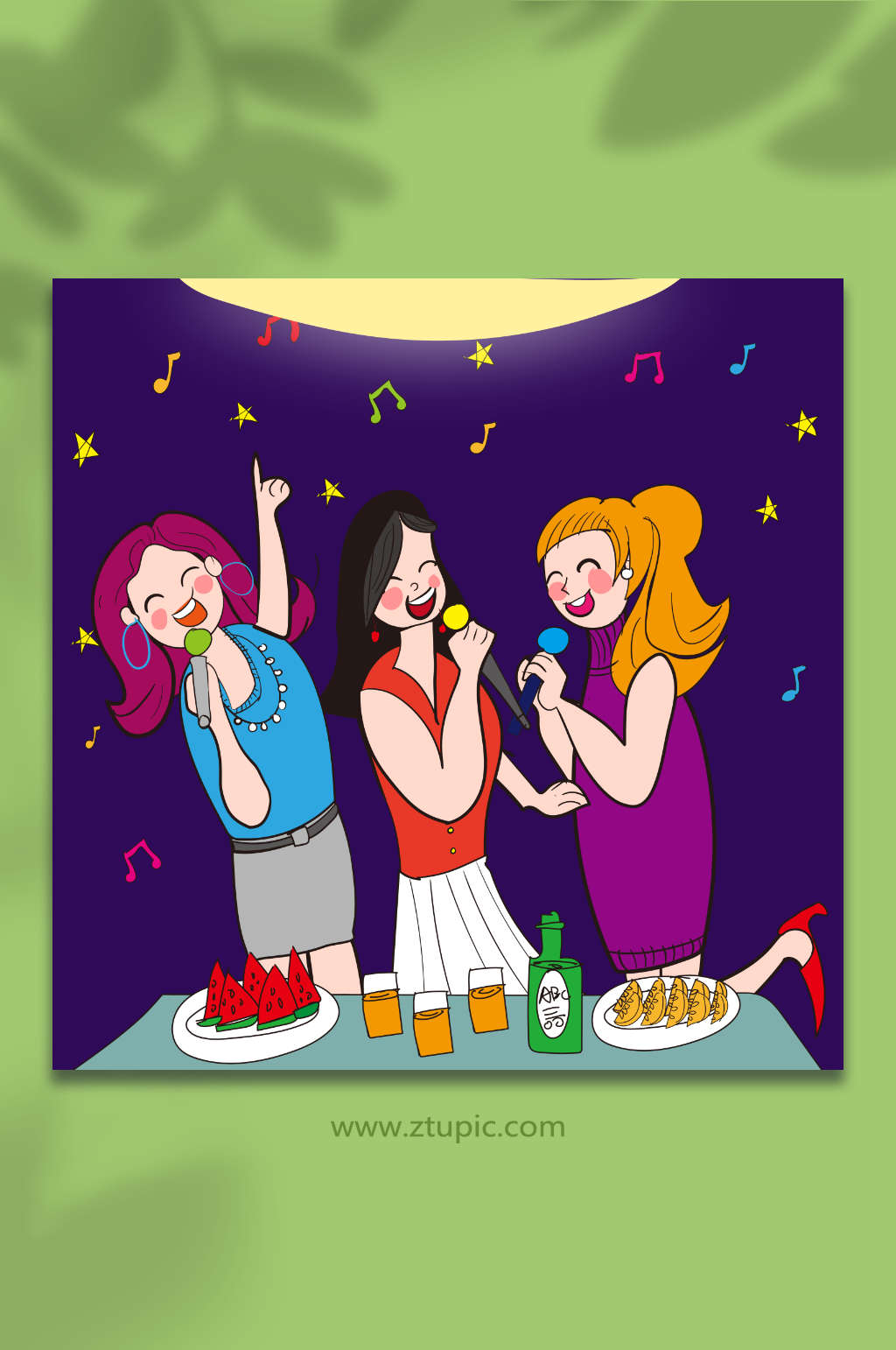 姐妹KTV唱歌K歌聚会人物插画素材