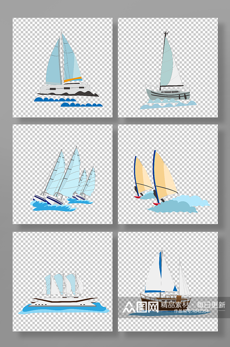 手绘矢量帆船交通工具元素插画素材