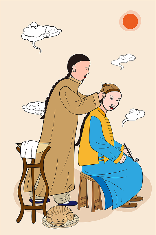 古代男子中国风采耳人物插画