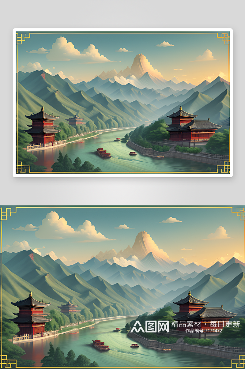 恬静祥和的中国风背景山水插画素材