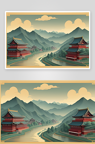 恬静祥和的中国风背景山水插画