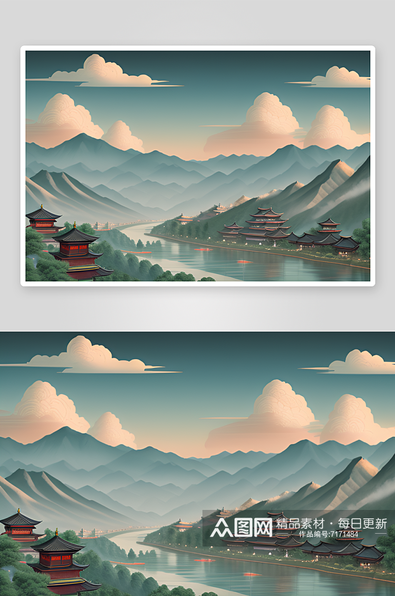 恬静祥和的中国风背景山水插画素材
