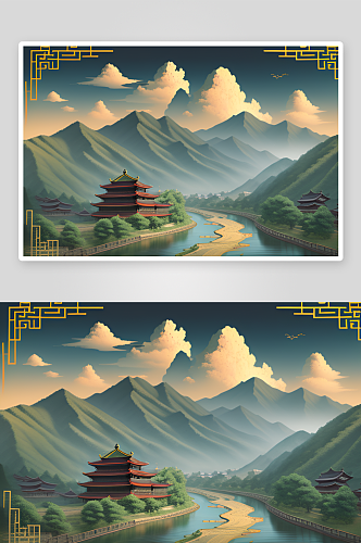 恬静祥和的中国风背景山水插画