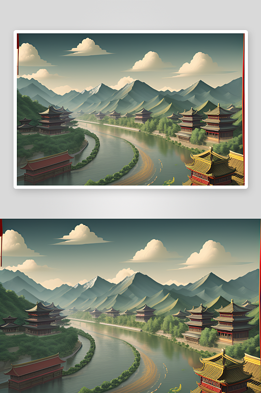纷飞祥云的中国风山水插画