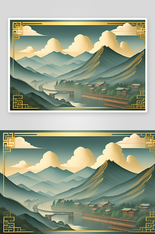 绚丽多彩的中国风背景山水插画