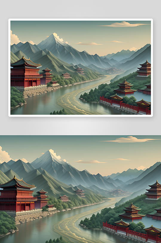 绚丽多彩的中国风背景山水插画