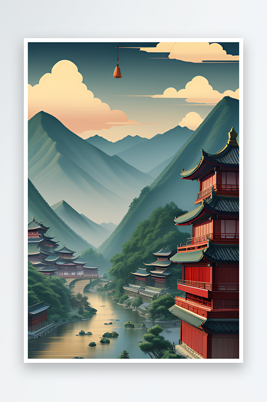 和谐统一的中国风背景山水插画