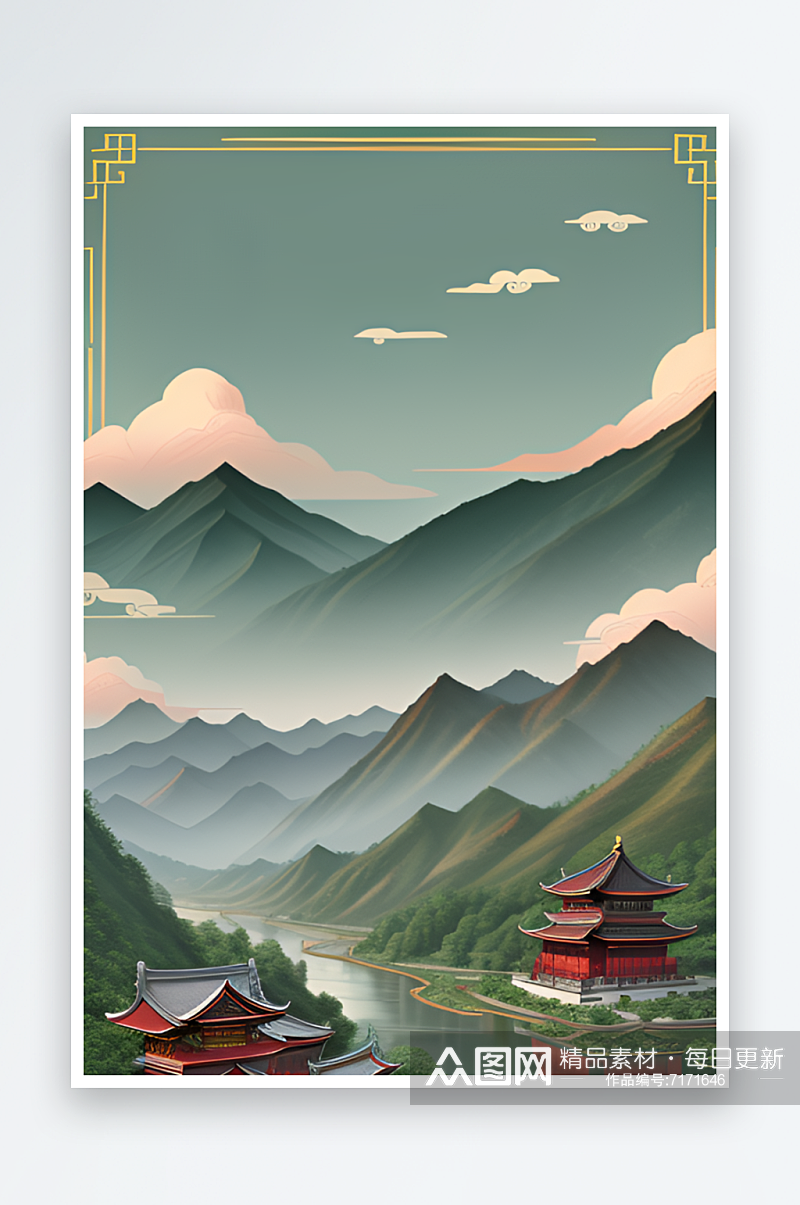 和谐统一的中国风背景山水插画素材