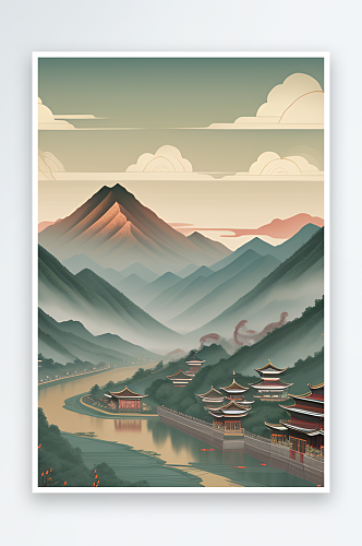 清新自然的中国风背景山水插画