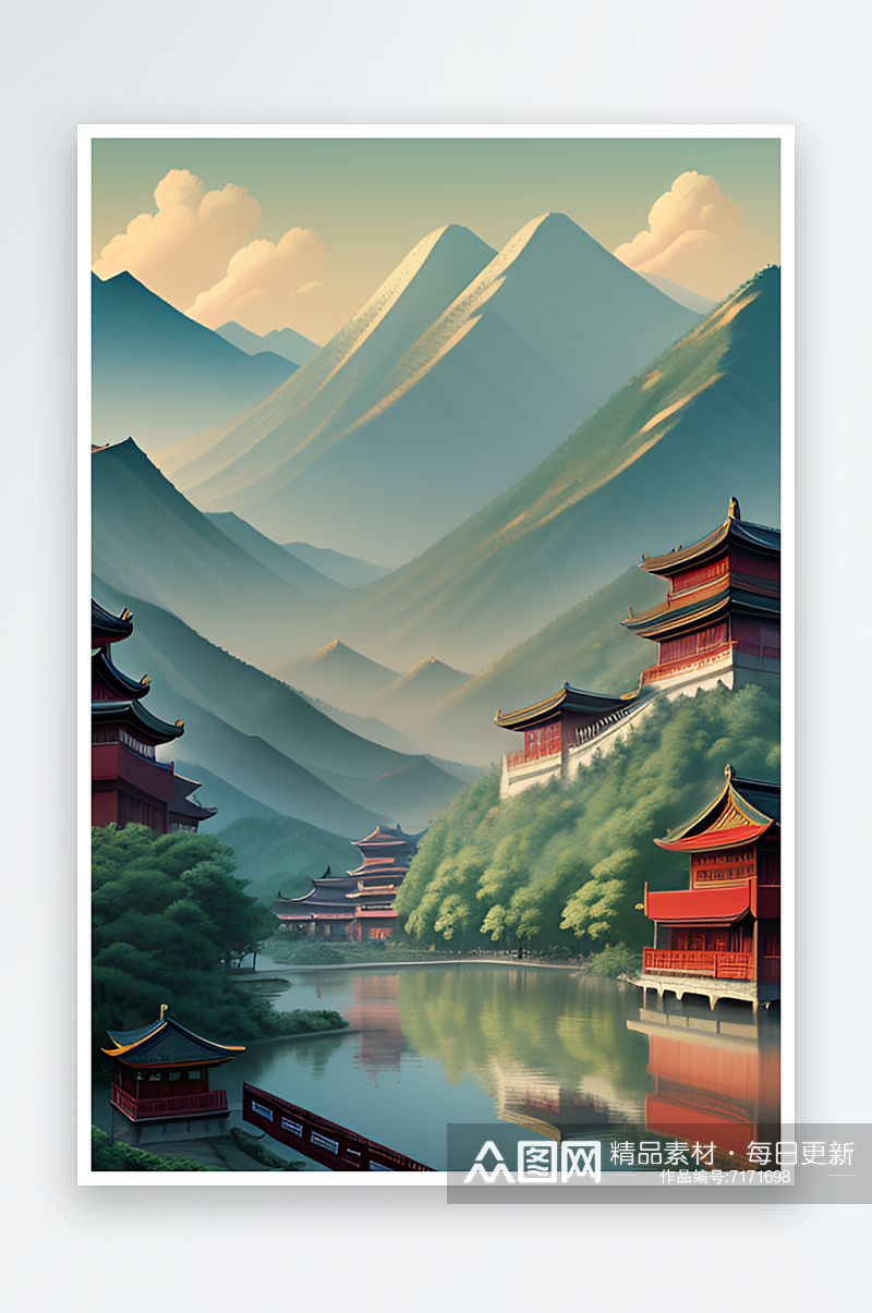 清新自然的中国风背景山水插画素材