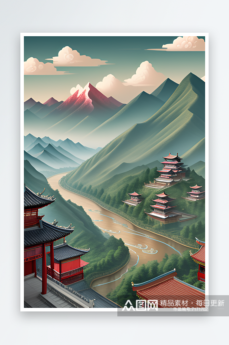 清新自然的中国风背景山水插画素材