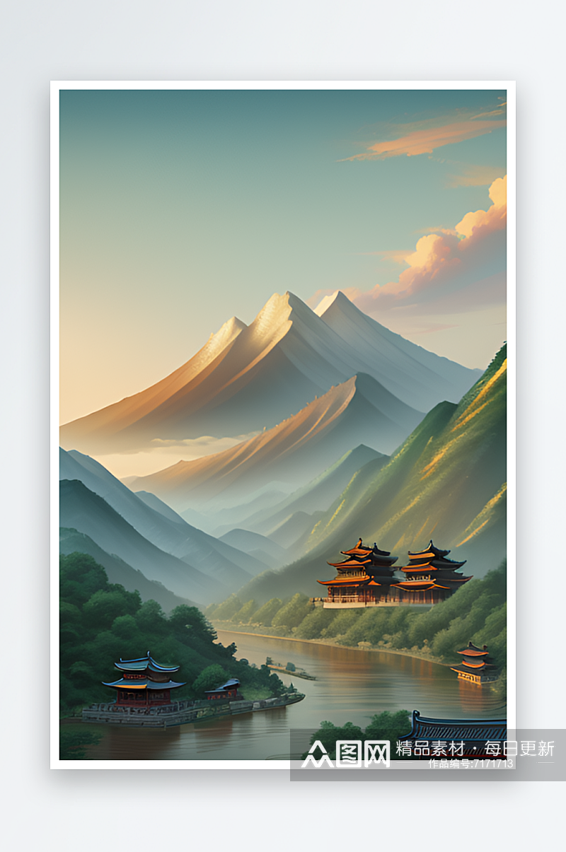 清新自然的中国风背景山水插画素材