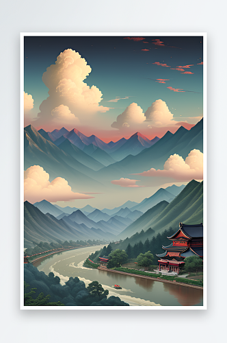 清新自然的中国风背景山水插画