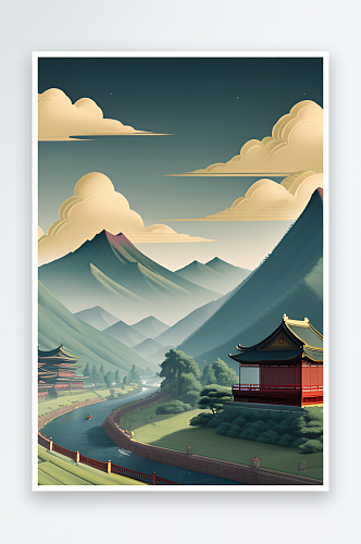 清新自然的中国风背景山水插画