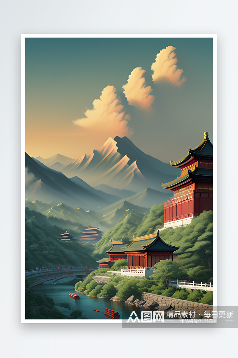 清新自然的中国风背景山水插画素材