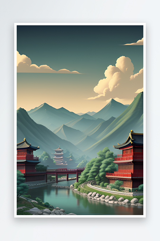 和谐共融的中国风背景山水插画