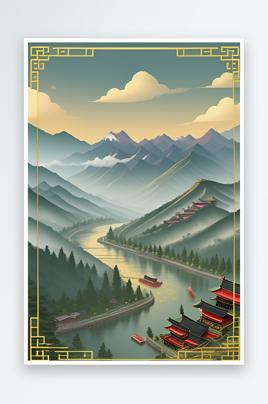 和谐共融的中国风背景山水插画