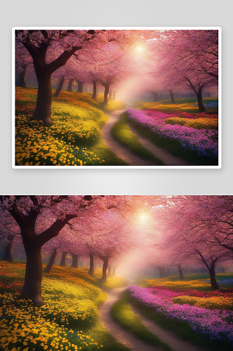 色调主义风景雾天中的花木小径