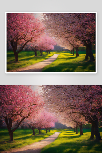 春天风景被鲜花和树木包围的小路