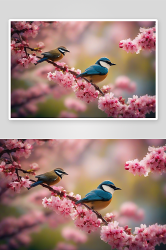 树枝照射下的鸟与花朵