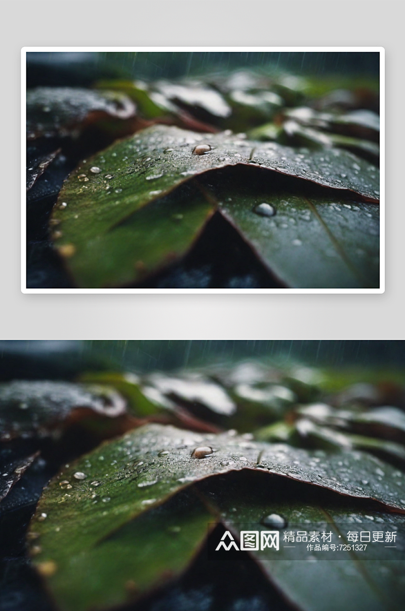 雨天落叶叶子落满水珠素材