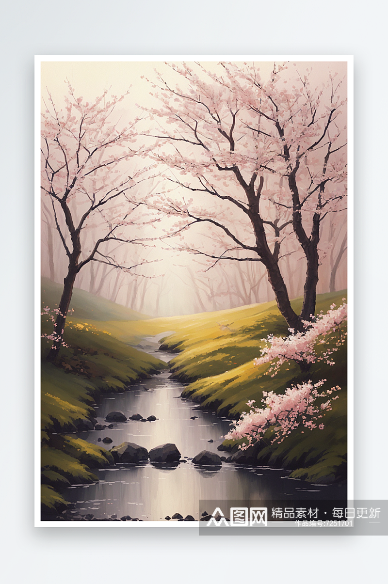 粉色梅花点缀的春日森林小径素材