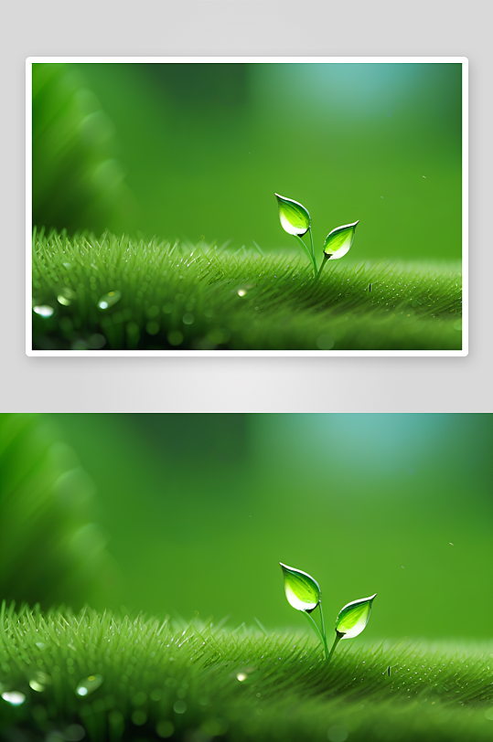 数字渲染的水滴在绿色背景中绽放绚丽光芒