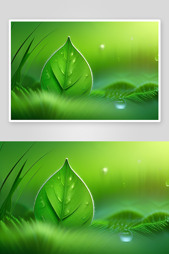 数字渲染的水滴在绿色背景中绽放绚丽光芒