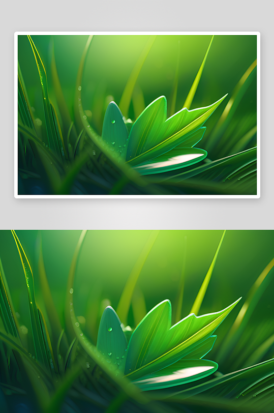 数字渲染的水滴在绿色背景中绽放绚丽光芒