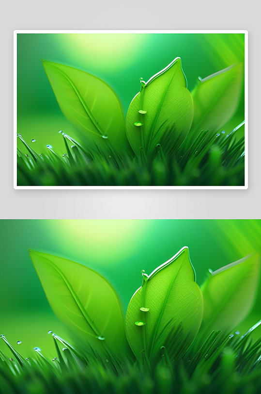 数字渲染的水滴在绿色背景中绽放绚丽光芒