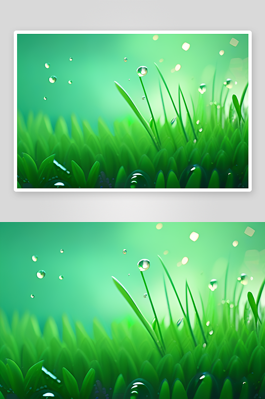 数字渲染的水滴在绿色背景中绽放绚丽光芒