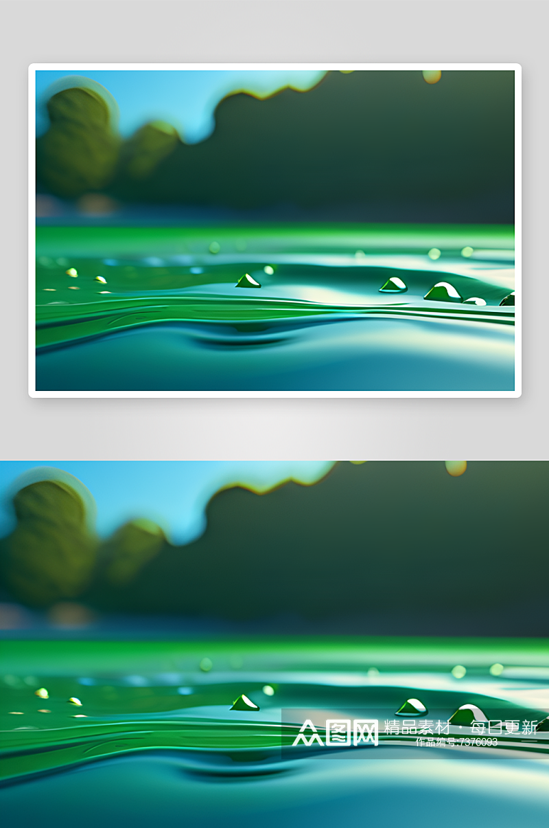 护眼绿色背景下水滴呈现出绚丽多彩的色彩素材