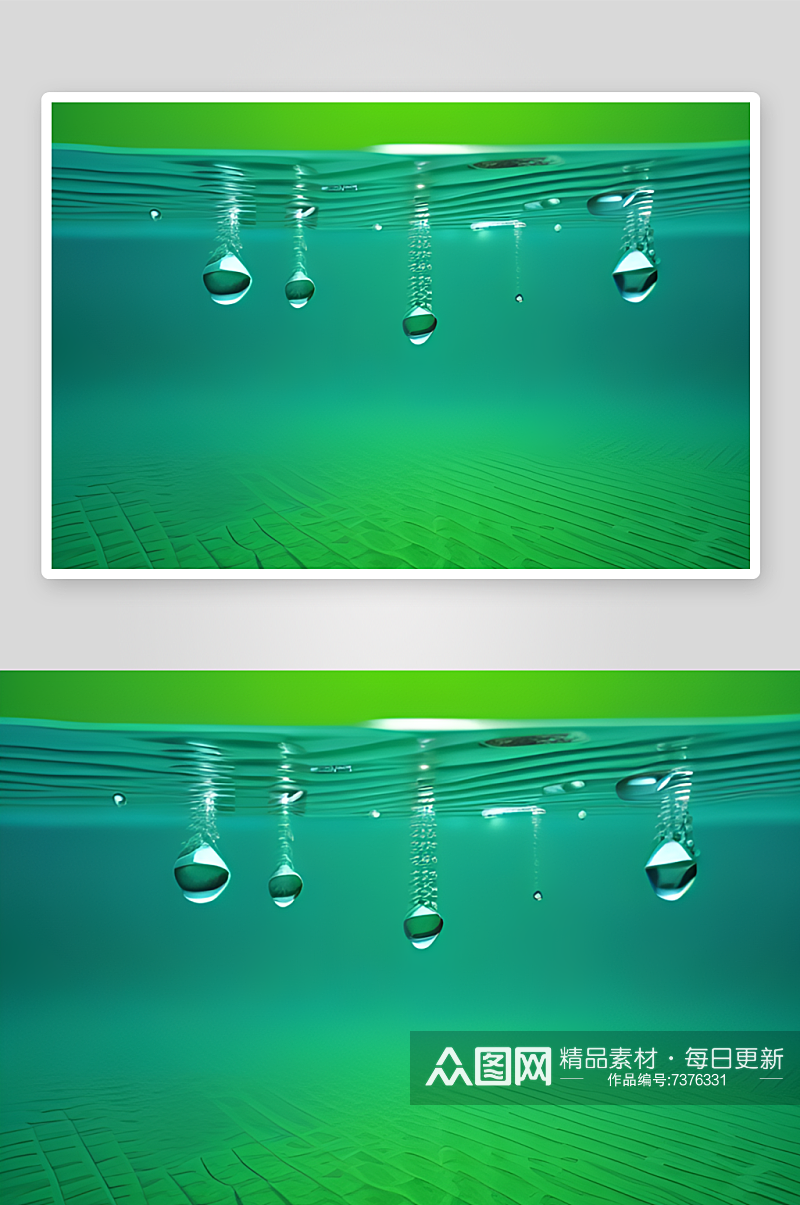 绿色背景下水滴闪烁着迷人的光芒素材