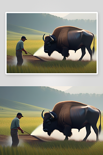 美丽的绿草田野中的男人与水牛