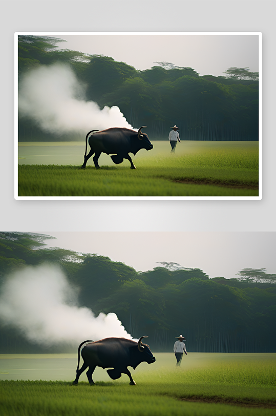 在田野中漫步的男人与水牛