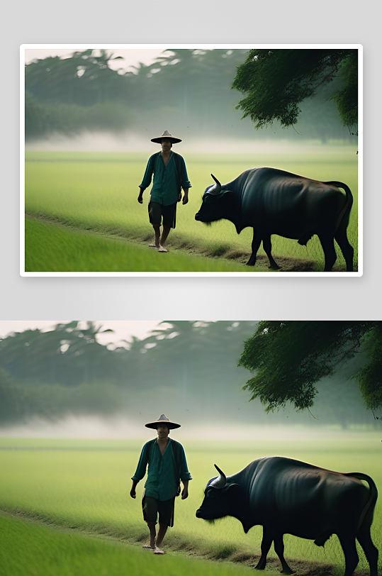 男人与水牛在草地上漫步