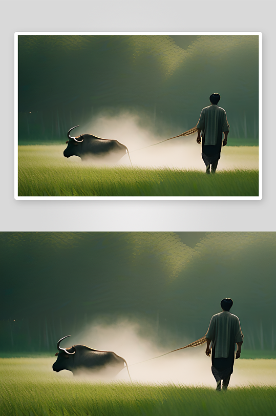 男人与水牛在草地上漫步