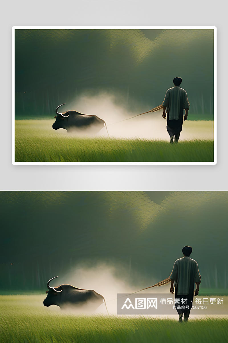 男人与水牛在草地上漫步素材