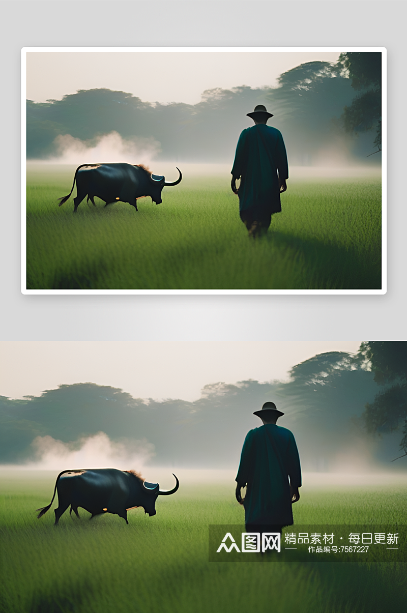 男人与水牛在绿色的田野中行走素材