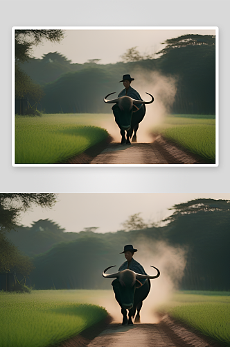 男人与水牛在绿色的田野中行走