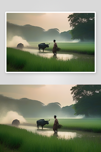 男人与水牛在绿色的田野中行走