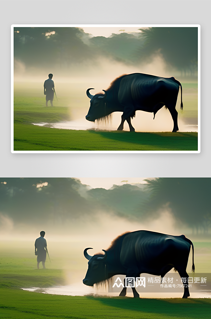 男人与水牛在绿色的田野中行走素材