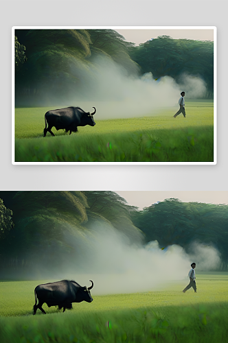 绿草和树木间的男人与水牛