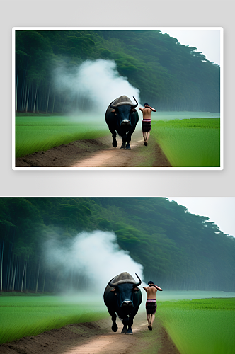 男人与大牛在犁地的画面