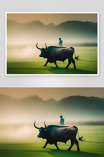 男人与大牛在犁地的画面