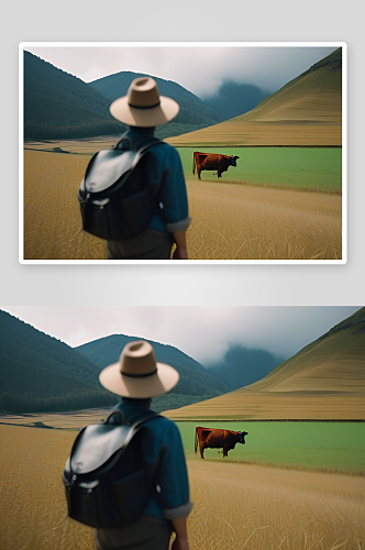 男人与大牛在犁地的背景