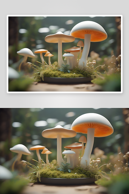 树木和灌木丛旁的蘑菇群渲染