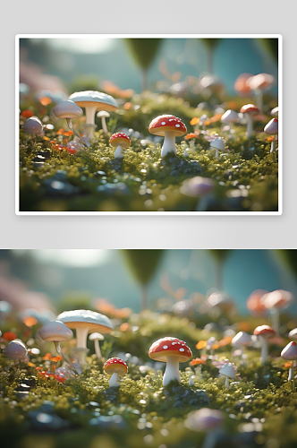 树木和灌木丛旁的蘑菇群渲染