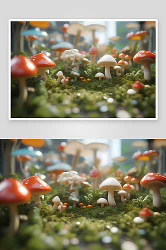 蘑菇群与模糊背景的渲染景象
