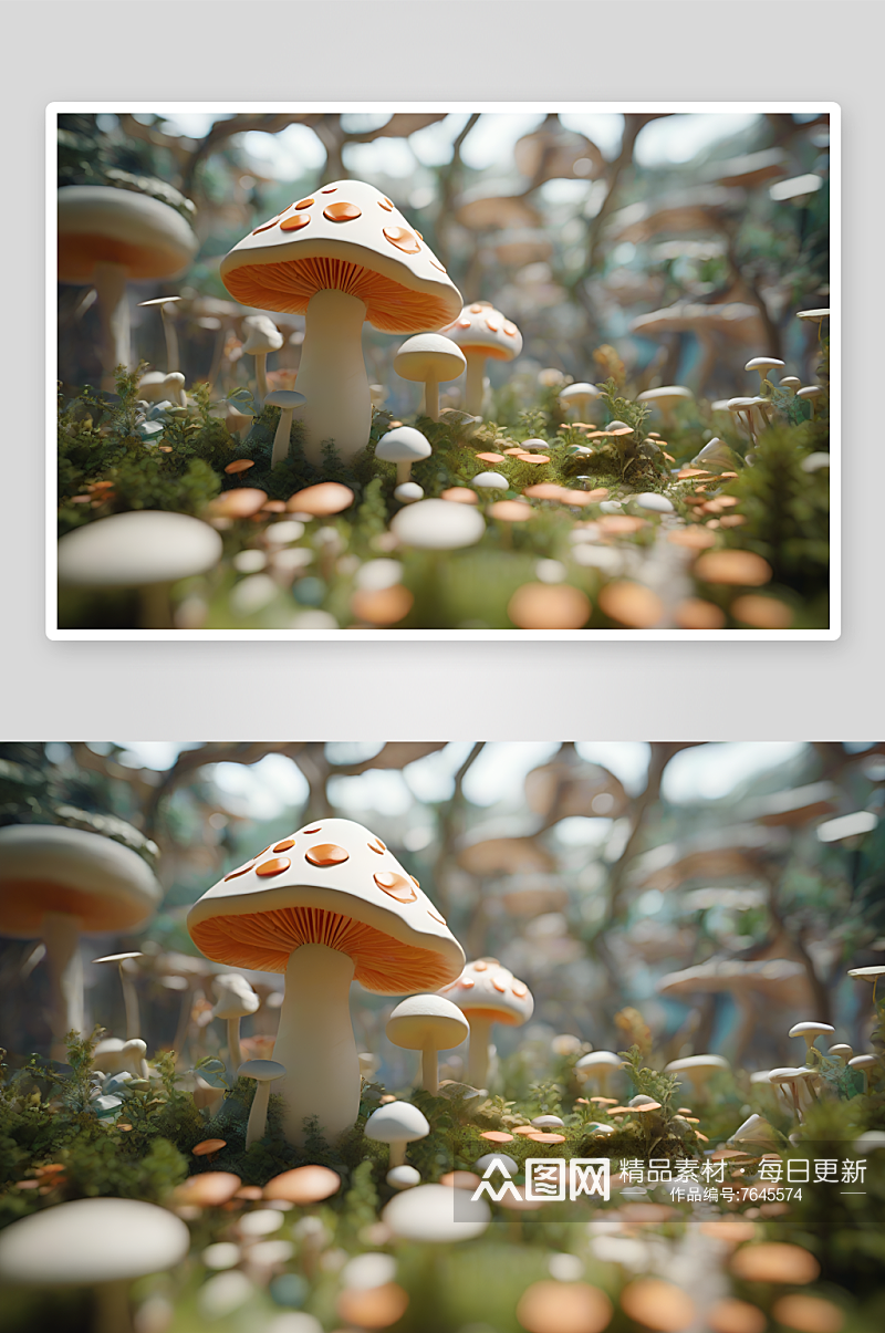 草地上的蘑菇群3D渲染作品素材